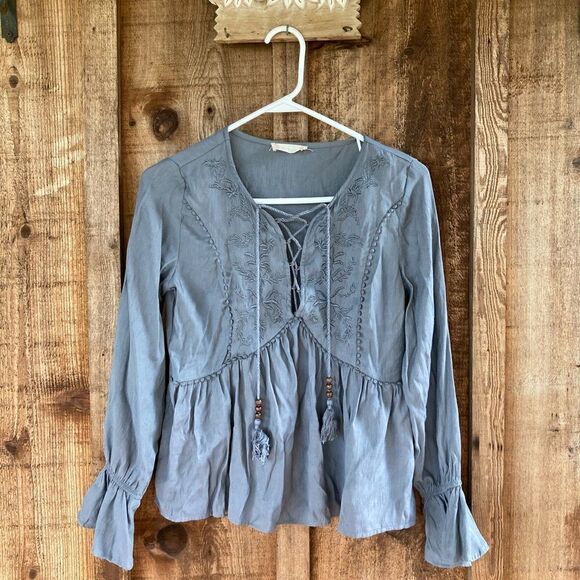 Altar’d State Floral Embroidered Lace Up Autumn Tassel Top in Blue - Picture 1 of 7